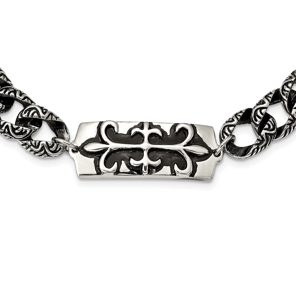 Stainless Steel Antiqued And Polished Fleur De Lis 24In Necklace