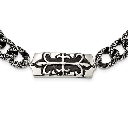 Stainless Steel Antiqued And Polished Fleur De Lis 24In Necklace