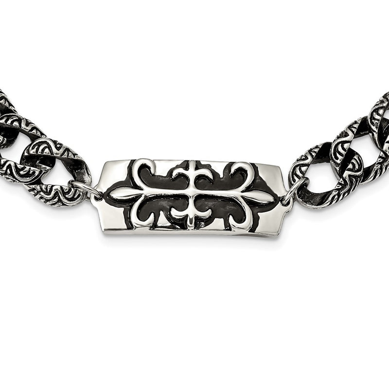 Stainless Steel Antiqued And Polished Fleur De Lis 24In Necklace