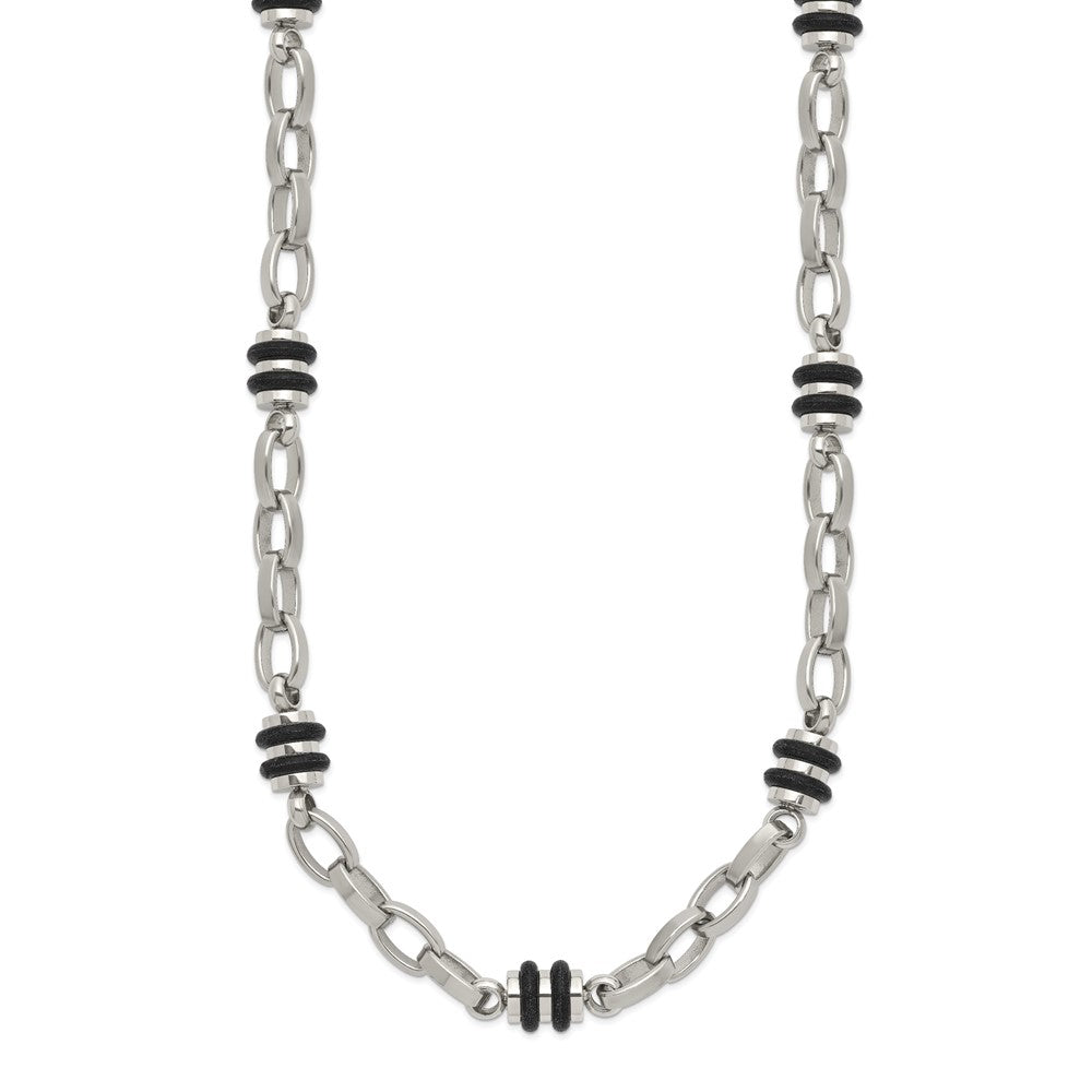 Stainless Steel Chisel Polished With Black Rubber Barrel Link Chain Necklace