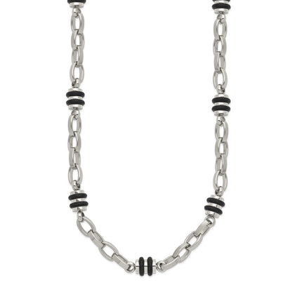 Stainless Steel Chisel Polished With Black Rubber Barrel Link Chain Necklace