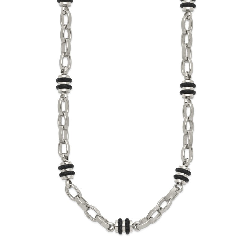Stainless Steel Chisel Polished With Black Rubber Barrel Link Chain Necklace