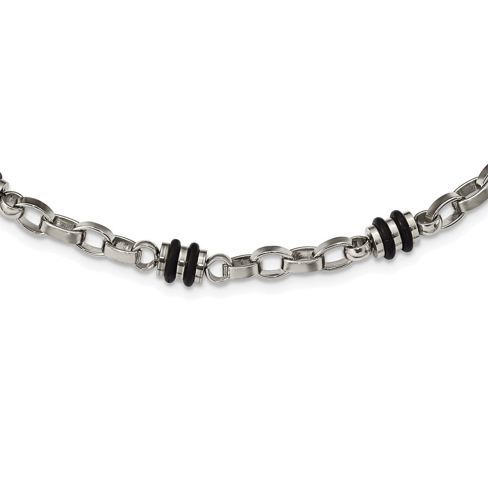 Stainless Steel Chisel Polished With Black Rubber Barrel Link Chain Necklace