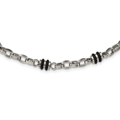 Stainless Steel Chisel Polished With Black Rubber Barrel Link Chain Necklace