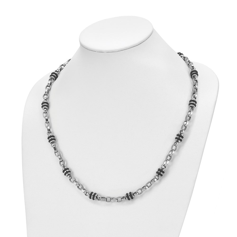 Stainless Steel Chisel Polished With Black Rubber Barrel Link Chain Necklace