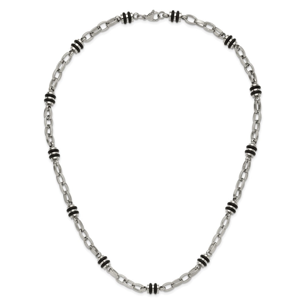 Stainless Steel Chisel Polished With Black Rubber Barrel Link Chain Necklace