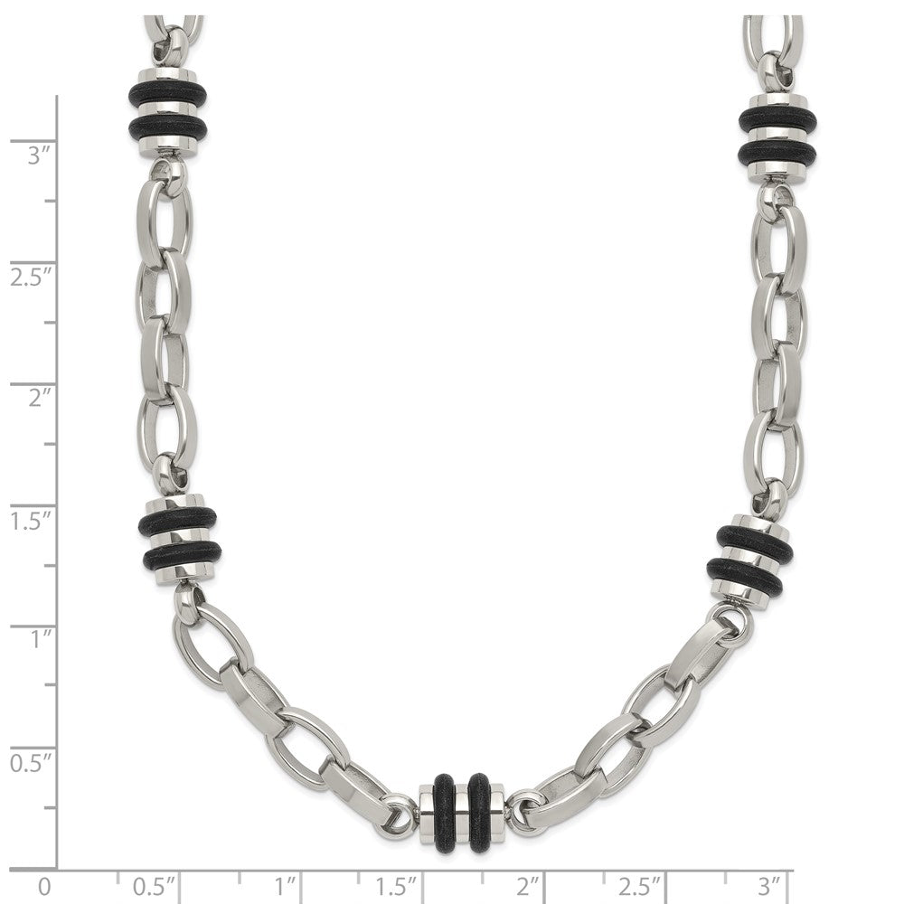 Stainless Steel Chisel Polished With Black Rubber Barrel Link Chain Necklace