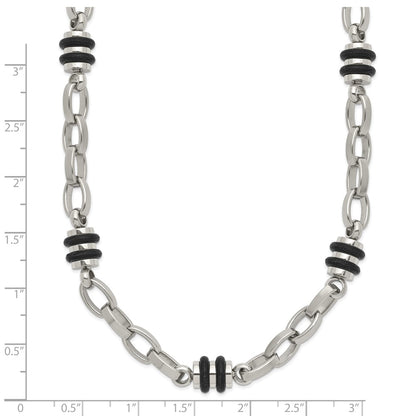 Stainless Steel Chisel Polished With Black Rubber Barrel Link Chain Necklace