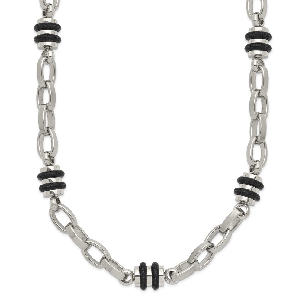 Stainless Steel Chisel Polished With Black Rubber Barrel Link Chain Necklace