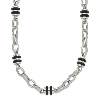Stainless Steel Chisel Polished With Black Rubber Barrel Link Chain Necklace