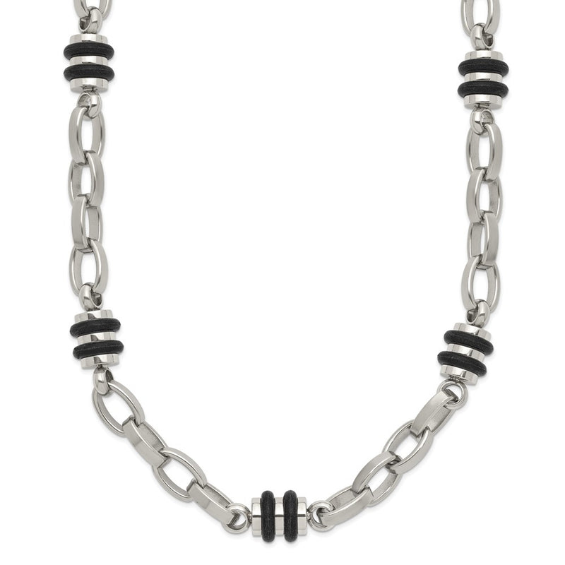 Stainless Steel Chisel Polished With Black Rubber Barrel Link Chain Necklace