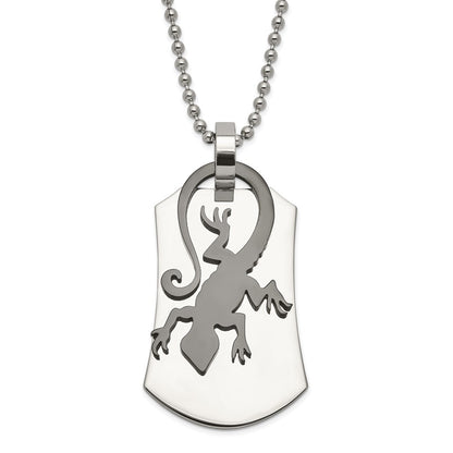 Stainless Steel Polished & Black Enamel Lizard Necklace