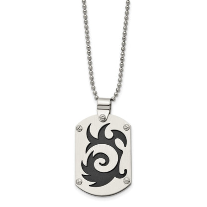 Stainless Steel Chisel Brushed Black Ip-Plated Swirl Dog Tag On A 24 Inch Ball Chain Necklace