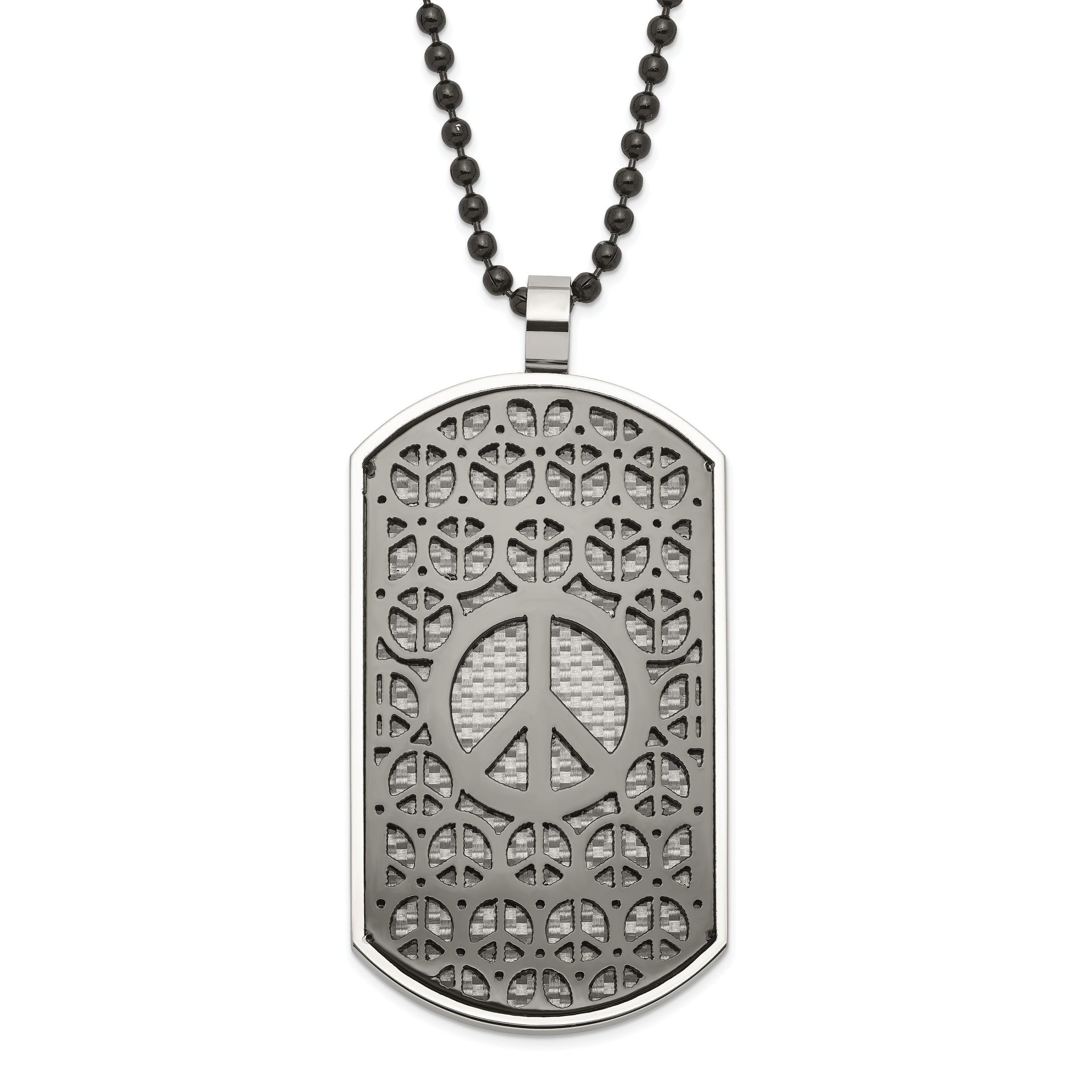 Stainless Steel Black Ip-Plated Reversible Grey/Blue Carbon Fiber Peace/Heart Dog Tag Necklace
