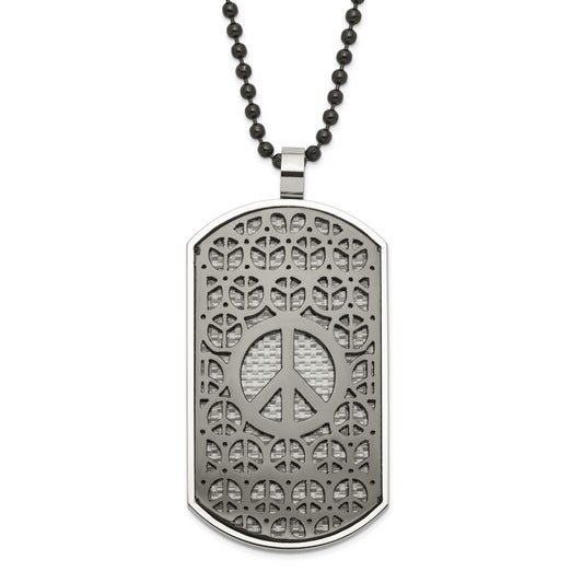 Stainless Steel Black Ip-Plated Reversible Grey/Blue Carbon Fiber Peace/Heart Dog Tag Necklace