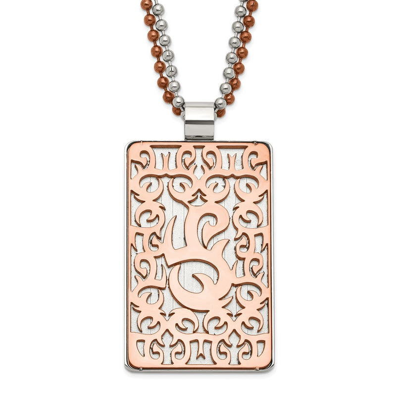 Stainless Steel & Brown Ip-Plated Swirl Rectangle Design Necklace