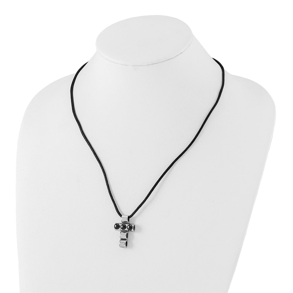 Stainless Steel Black Ip-Plated Bead Cross On Cord Necklace