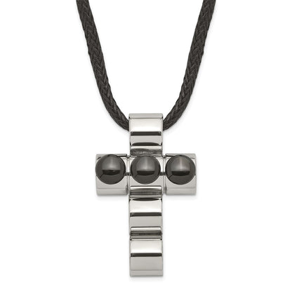 Stainless Steel Black Ip-Plated Bead Cross On Cord Necklace