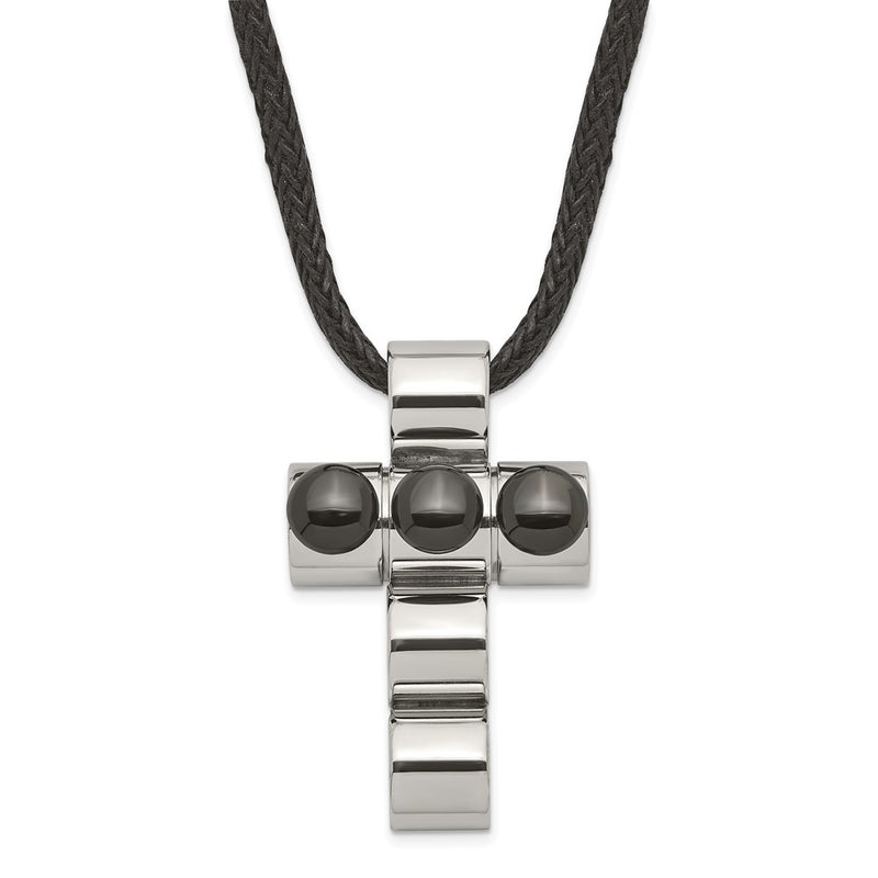 Stainless Steel Black Ip-Plated Bead Cross On Cord Necklace