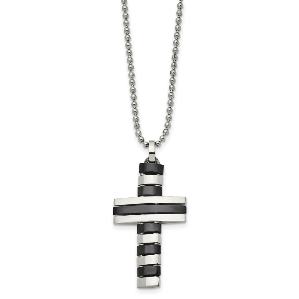 Stainless Steel Polished Black Ip-Plated Cross 18In Necklace