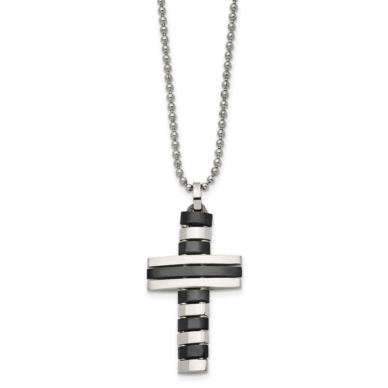 Stainless Steel Polished Black Ip-Plated Cross 18In Necklace