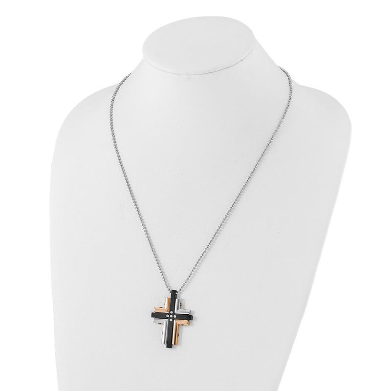 Stainless Steel Black & Pink Ip-Plated Cz Cross Necklace