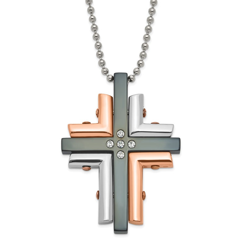 Stainless Steel Black & Pink Ip-Plated Cz Cross Necklace