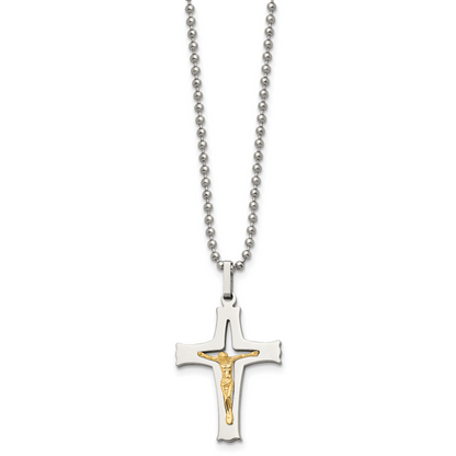 Stainless Steel Chisel Polished With 14K Gold Accent Crucifix Pendant On A 22 Inch Ball Chain Necklace