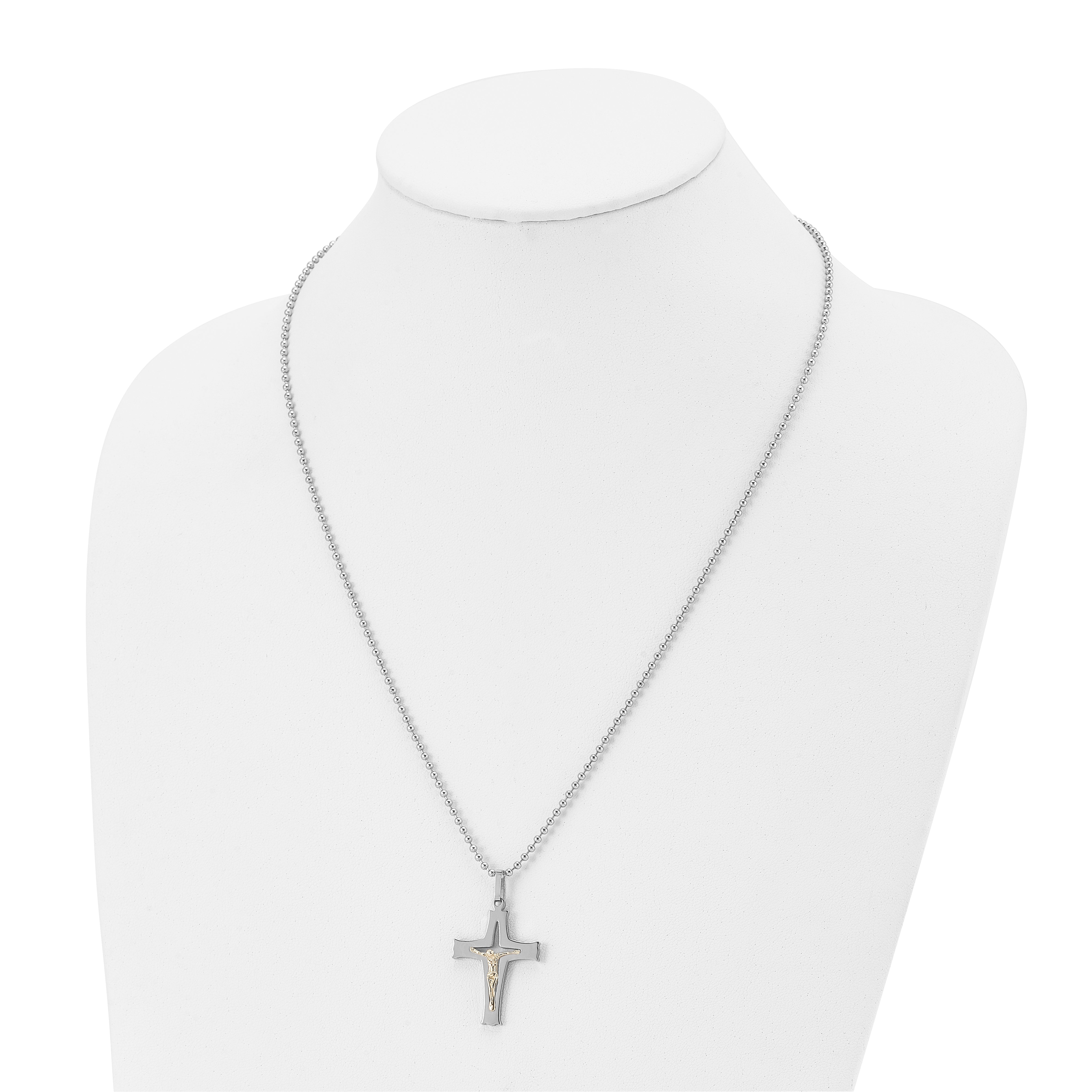 Stainless Steel Chisel Polished With 14K Gold Accent Crucifix Pendant On A 22 Inch Ball Chain Necklace