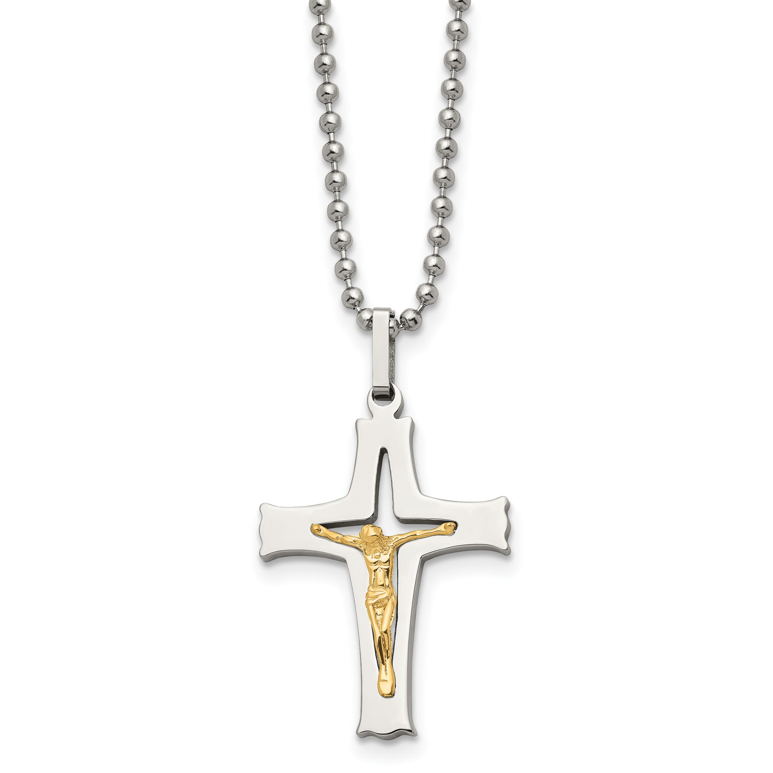 Stainless Steel Chisel Polished With 14K Gold Accent Crucifix Pendant On A 22 Inch Ball Chain Necklace