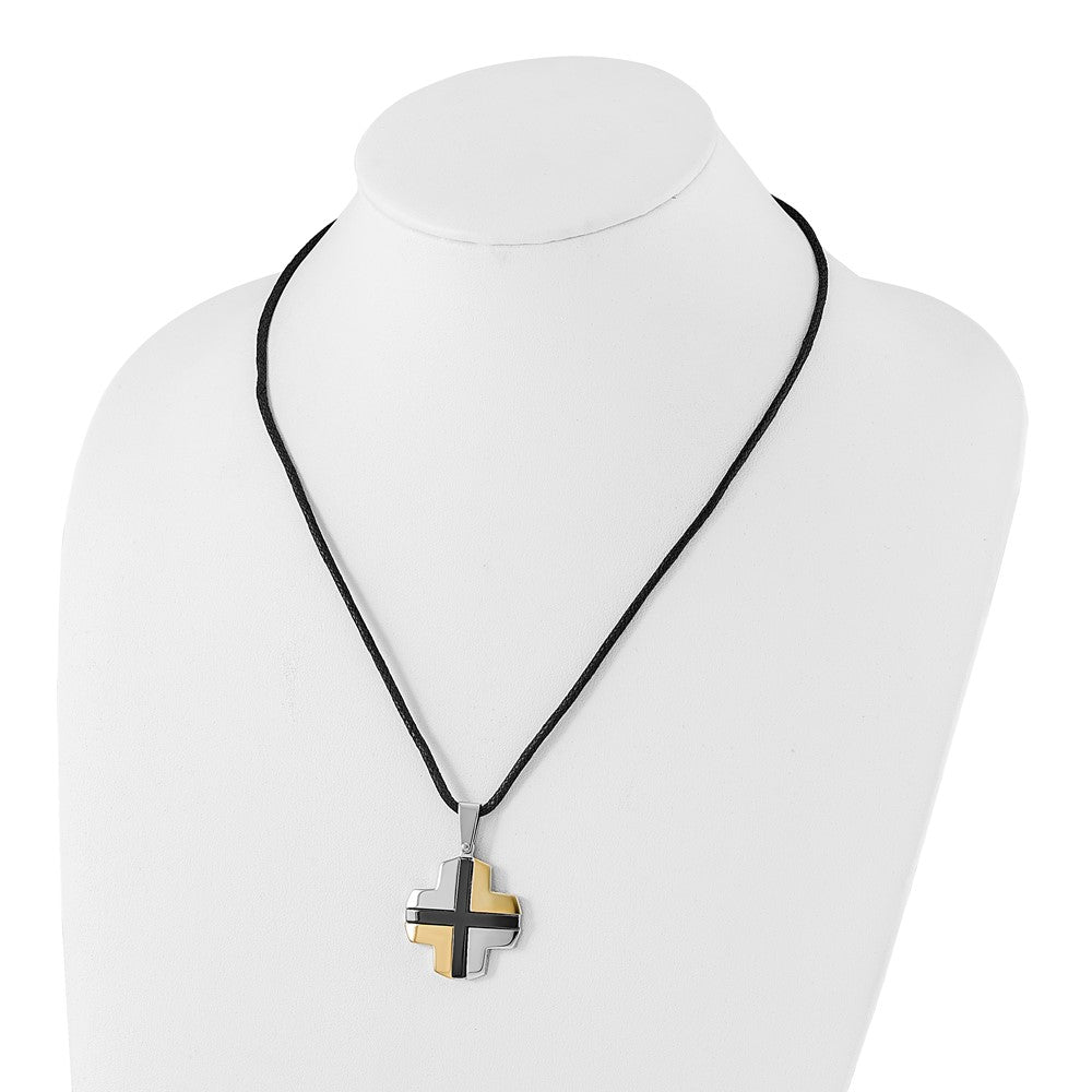 Stainless Steel Black & Yellow Ip-Plated Cross On Cord Necklace