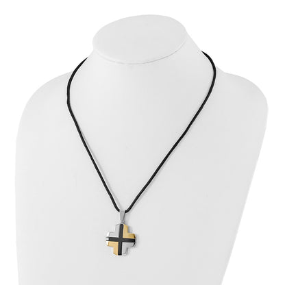 Stainless Steel Black & Yellow Ip-Plated Cross On Cord Necklace