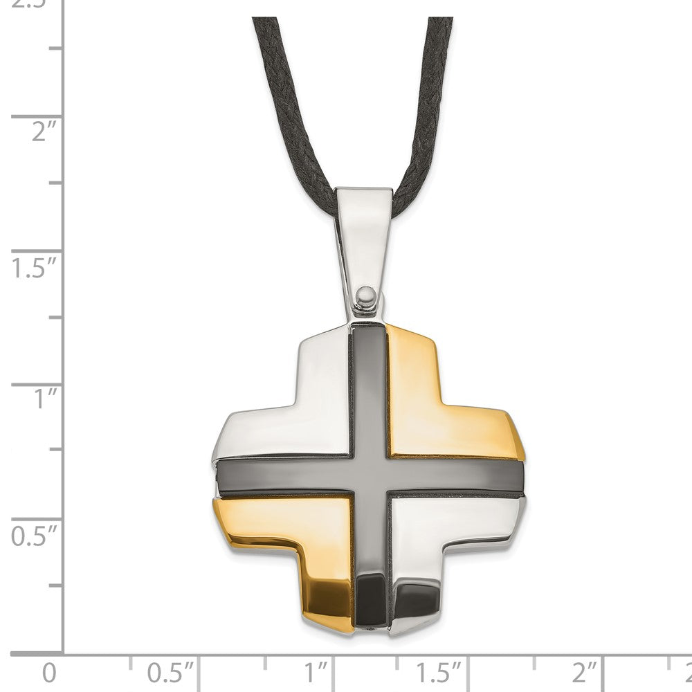 Stainless Steel Black & Yellow Ip-Plated Cross On Cord Necklace