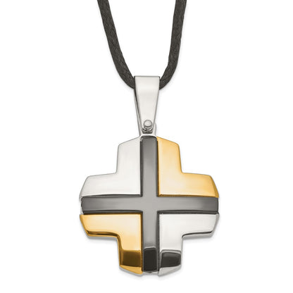 Stainless Steel Black & Yellow Ip-Plated Cross On Cord Necklace