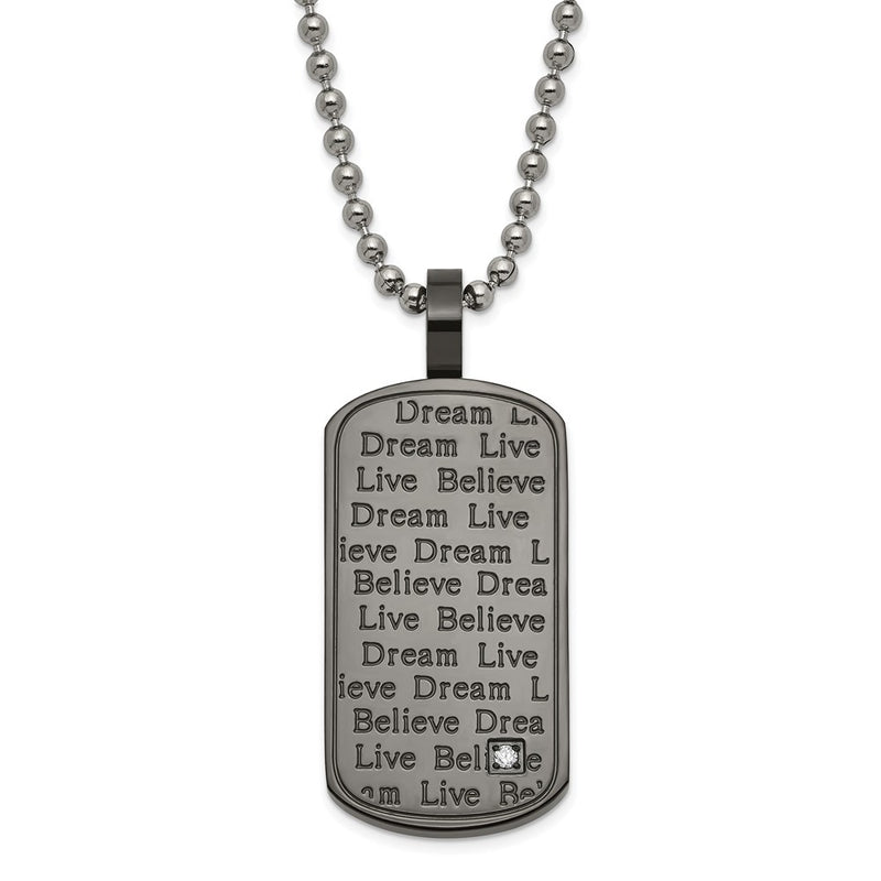Stainless Steel Black Pvd-Plated Cz Believe Live Dream Dogtag Necklace