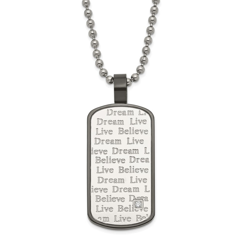 Stainless Steel Black Pvd-Plated Cz Live Dream Believe Dogtag Necklace