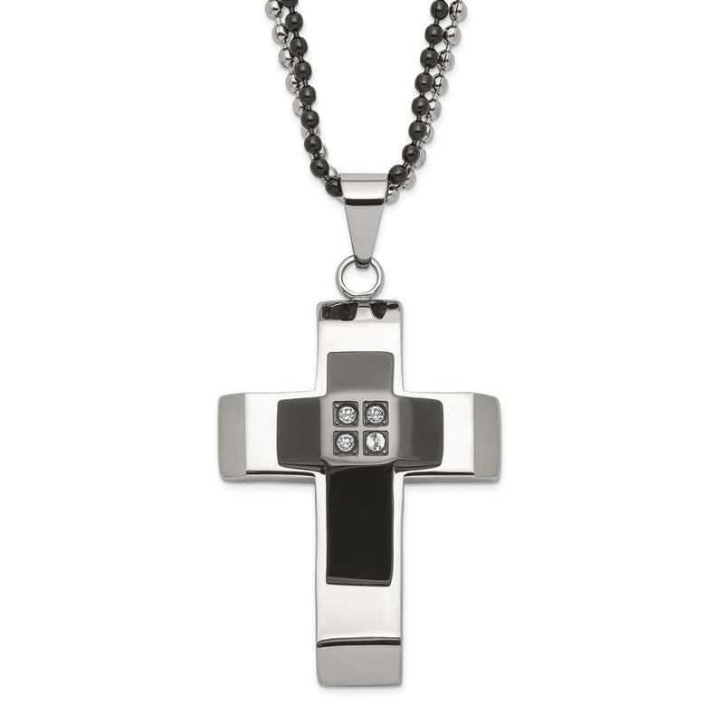 Stainless Steel & Black Ip-Plated Polished Cz Cross Necklace