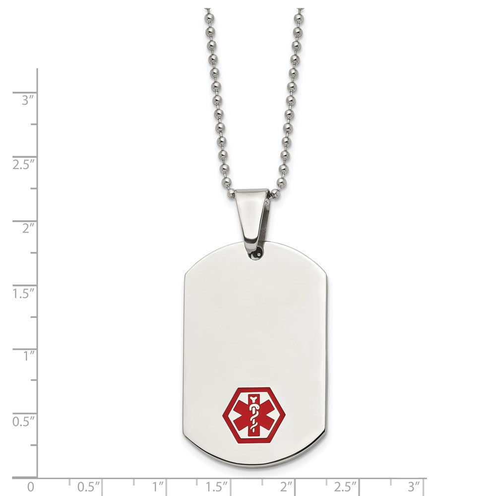 Stainless Steel Chisel Polished With Red Enamel Medical Id Dog Tag On A 24 Inch Ball Chain Necklace