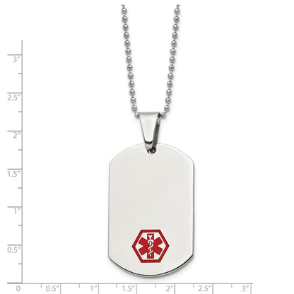 Stainless Steel Chisel Polished With Red Enamel Medical Id Dog Tag On A 24 Inch Ball Chain Necklace