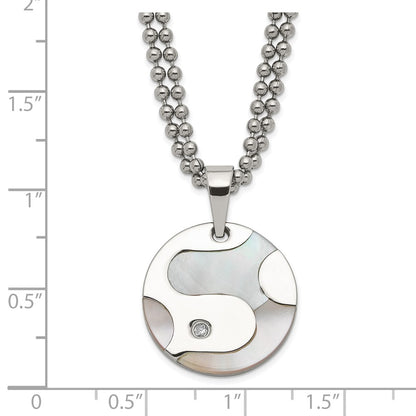 Stainless Steel Polished Cz & Mother Of Pearl Circle Necklace