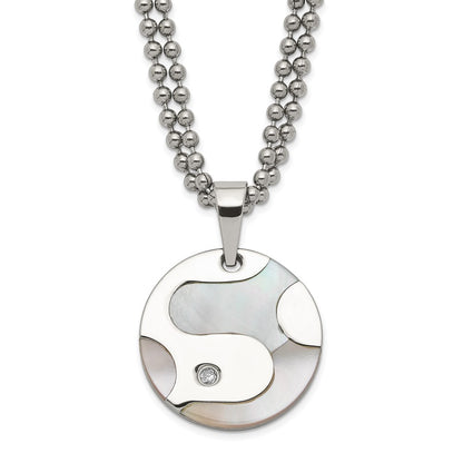 Stainless Steel Polished Cz & Mother Of Pearl Circle Necklace