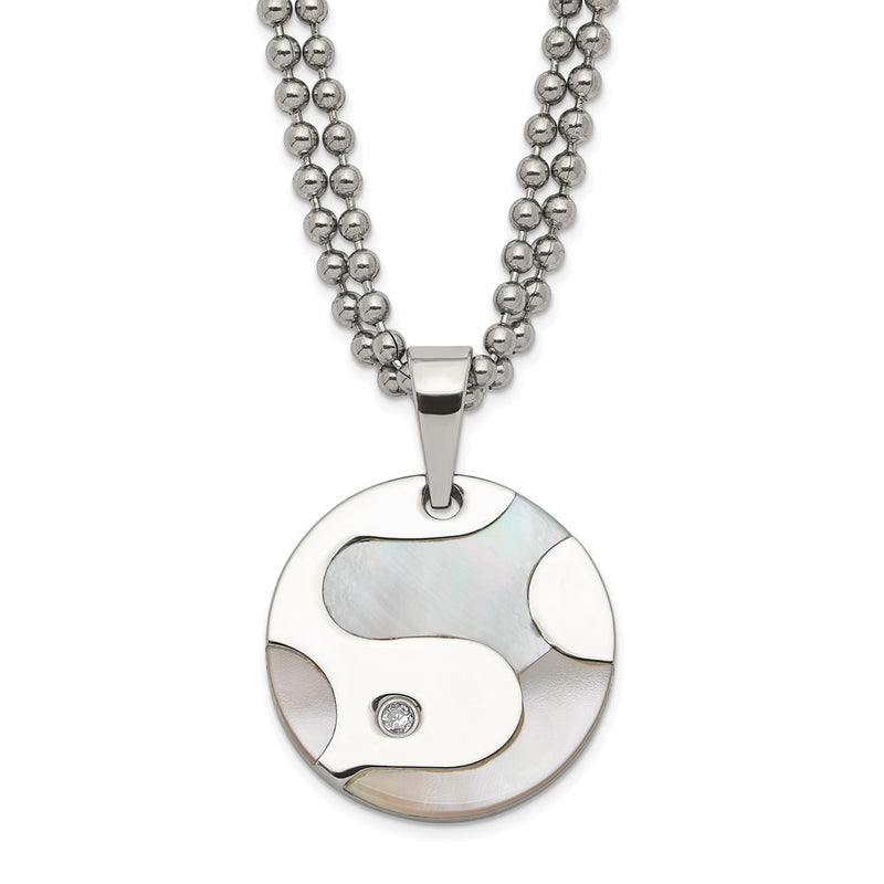 Stainless Steel Polished Cz & Mother Of Pearl Circle Necklace