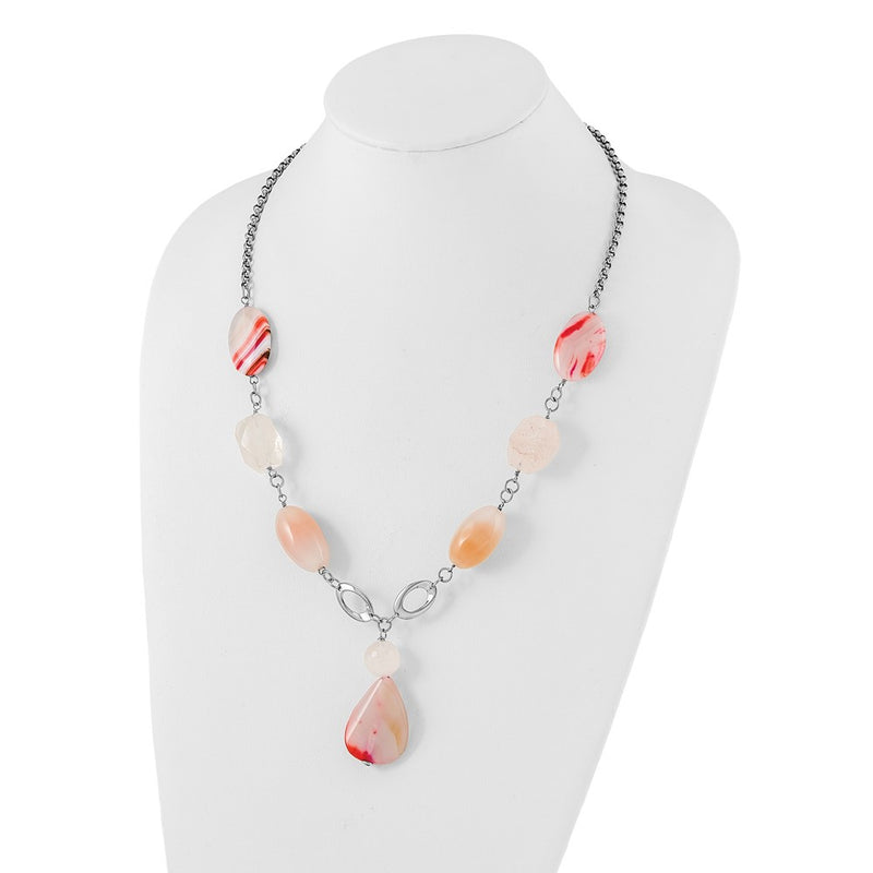 Stainless Steel Fancy Pink Quartz & Agate W/ 2 In Ext. Drop Necklace