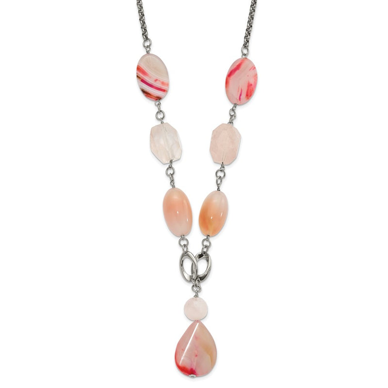 Stainless Steel Fancy Pink Quartz & Agate W/ 2 In Ext. Drop Necklace