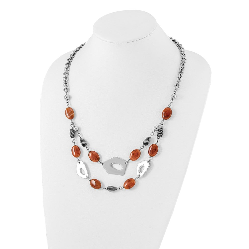 Stainless Steel Polished & Antiqued Red Orange Agate W/ 2In Ext. Necklace