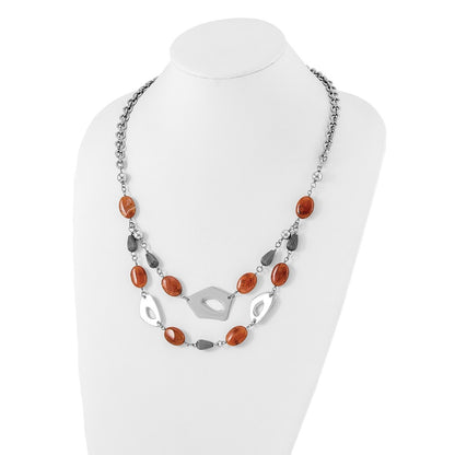 Stainless Steel Polished & Antiqued Red Orange Agate W/ 2In Ext. Necklace