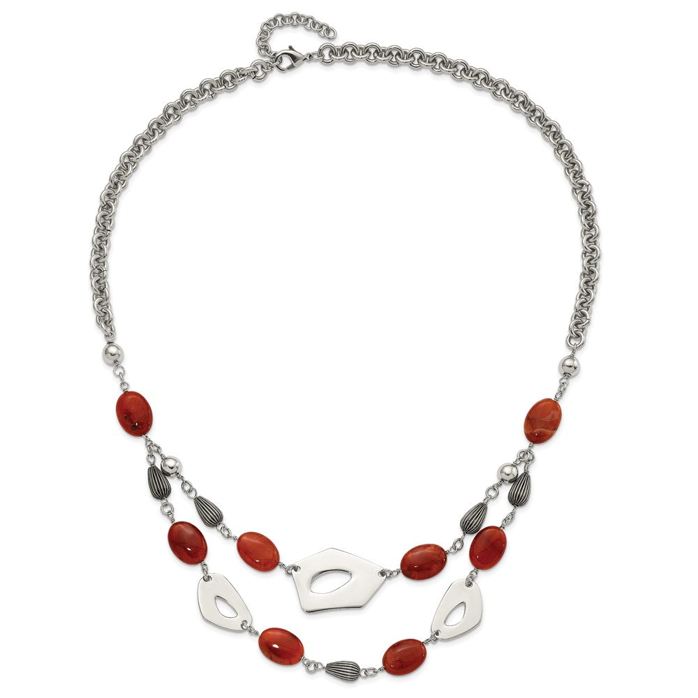 Stainless Steel Polished & Antiqued Red Orange Agate W/ 2In Ext. Necklace