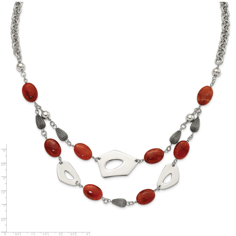 Stainless Steel Polished & Antiqued Red Orange Agate W/ 2In Ext. Necklace