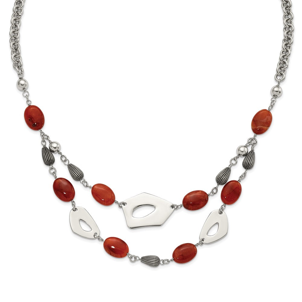 Stainless Steel Polished & Antiqued Red Orange Agate W/ 2In Ext. Necklace
