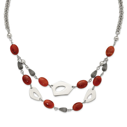 Stainless Steel Polished & Antiqued Red Orange Agate W/ 2In Ext. Necklace